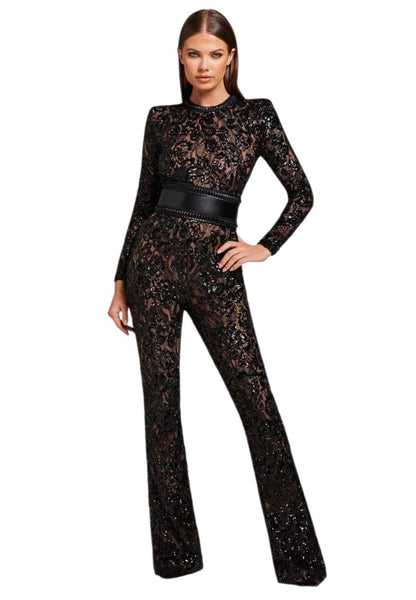 Midnight Lace Elegance Jumpsuit | Black Sequin Lace Bodycon Jumpsuit