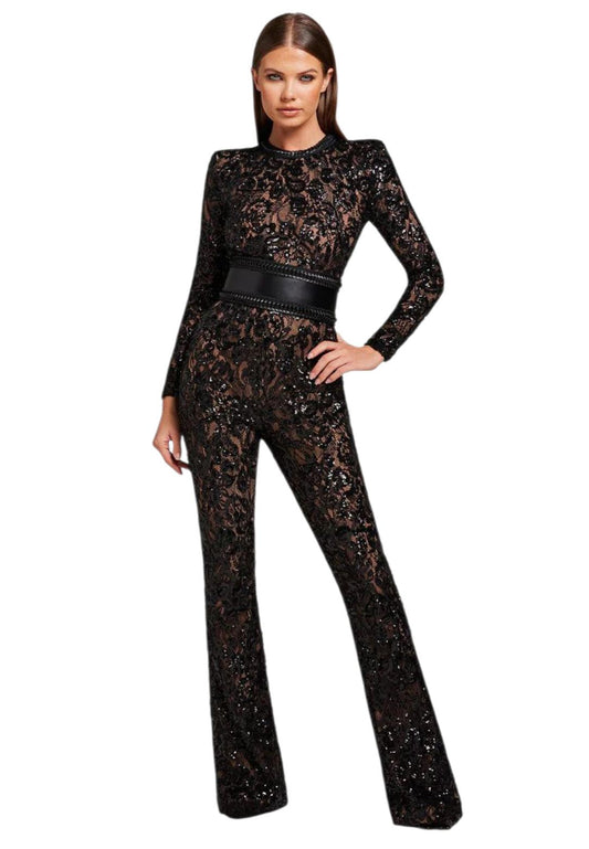 Midnight Lace Elegance Jumpsuit | Black Sequin Lace Bodycon Jumpsuit