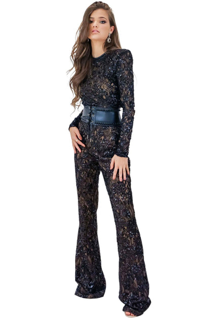 Midnight Lace Elegance Jumpsuit | Black Sequin Lace Bodycon Jumpsuit