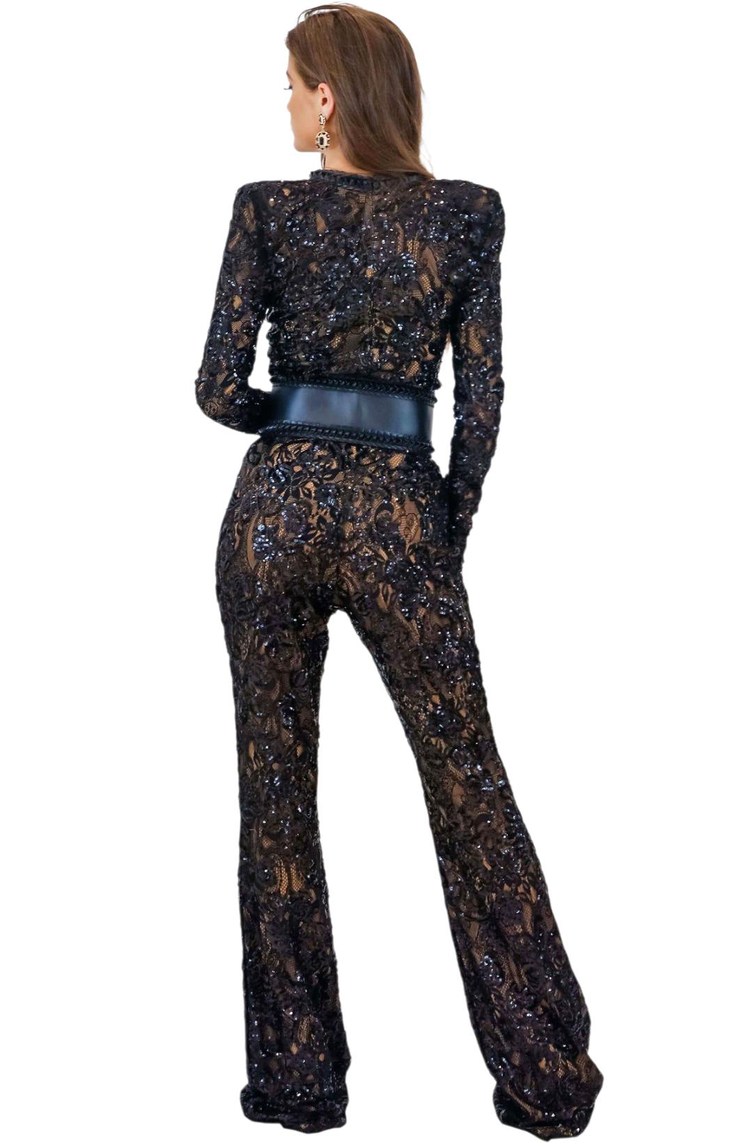 Midnight Lace Elegance Jumpsuit | Black Sequin Lace Bodycon Jumpsuit