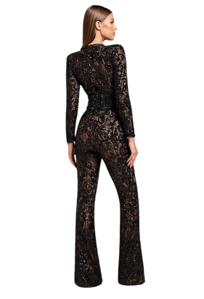 Midnight Lace Elegance Jumpsuit | Black Sequin Lace Bodycon Jumpsuit