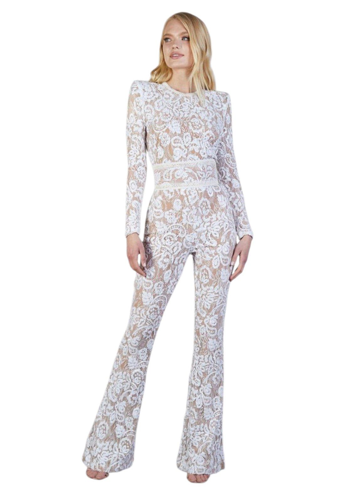 Women White Floral Lace Full Sleeve Party Jumpsuit | Elegant Sheer Net Flared Jumpsuit for Women