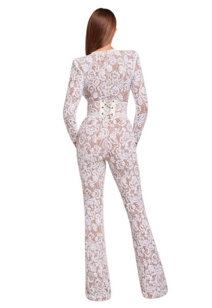 Women White Floral Lace Full Sleeve Party Jumpsuit | Elegant Sheer Net Flared Jumpsuit for Women