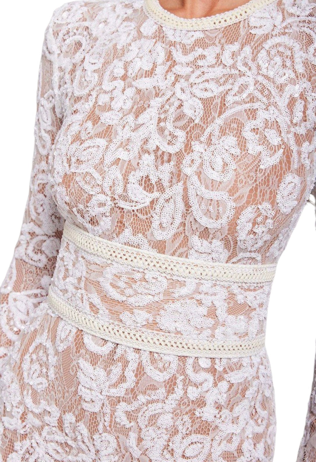 Women White Floral Lace Full Sleeve Party Jumpsuit | Elegant Sheer Net Flared Jumpsuit for Women