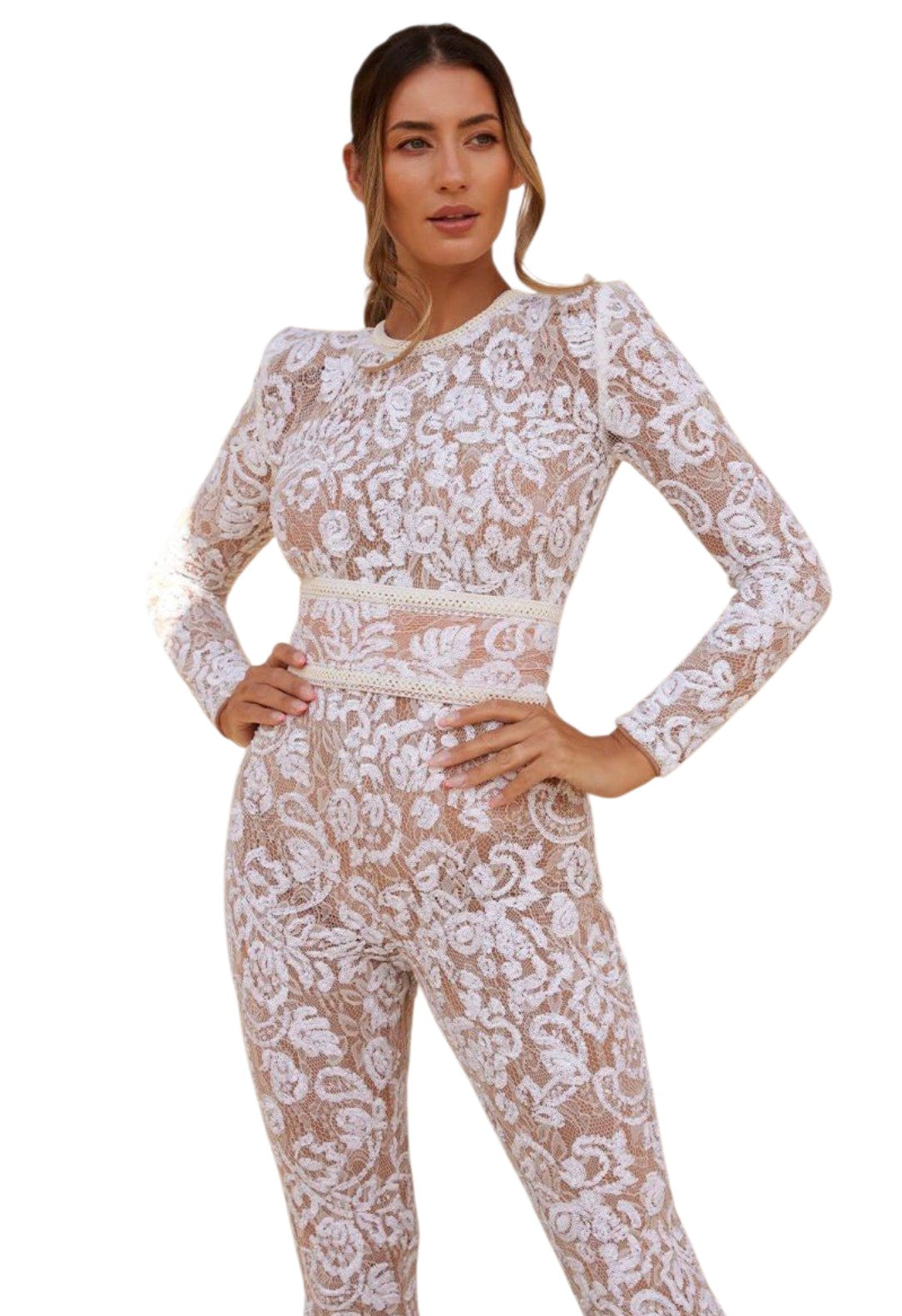 Women White Floral Lace Full Sleeve Party Jumpsuit | Elegant Sheer Net Flared Jumpsuit for Women