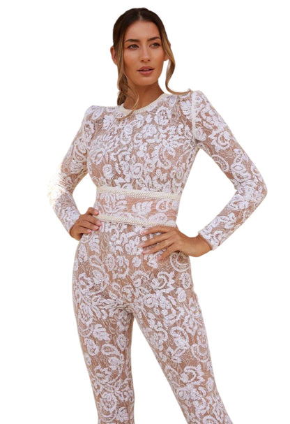 Women White Floral Lace Full Sleeve Party Jumpsuit | Elegant Sheer Net Flared Jumpsuit for Women
