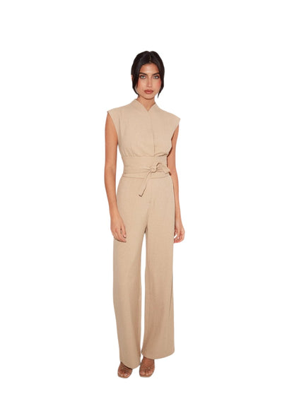 Women Solid Beige Sleeveless Belted Wide Leg Jumpsuit | Women’s Elegant Beige Sleeveless Belted Wide Leg