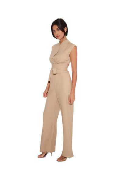 Women Solid Beige Sleeveless Belted Wide Leg Jumpsuit | Women’s Elegant Beige Sleeveless Belted Wide Leg