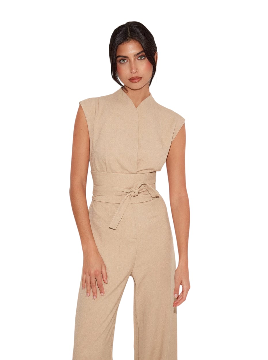 Women Solid Beige Sleeveless Belted Wide Leg Jumpsuit | Women’s Elegant Beige Sleeveless Belted Wide Leg