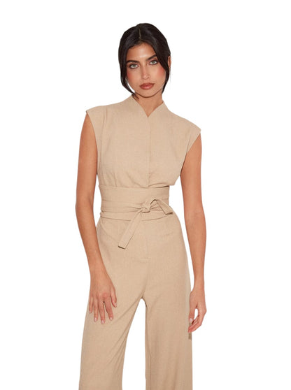 Women Solid Beige Sleeveless Belted Wide Leg Jumpsuit | Women’s Elegant Beige Sleeveless Belted Wide Leg