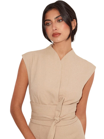Women Solid Beige Sleeveless Belted Wide Leg Jumpsuit | Women’s Elegant Beige Sleeveless Belted Wide Leg