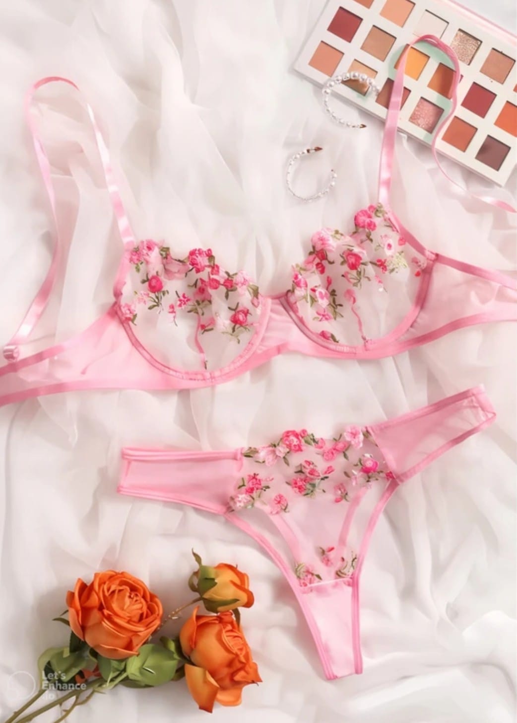 Pink Floral Embroidered Sheer Underwire Lingerie Set