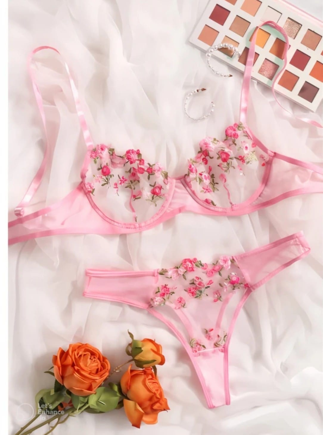 Pink Floral Embroidered Sheer Underwire Lingerie Set