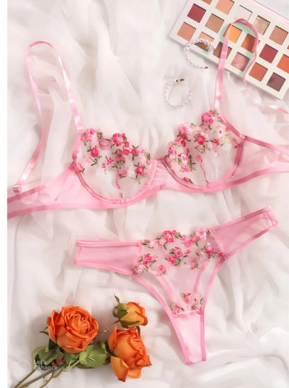 Pink Floral Embroidered Sheer Underwire Lingerie Set