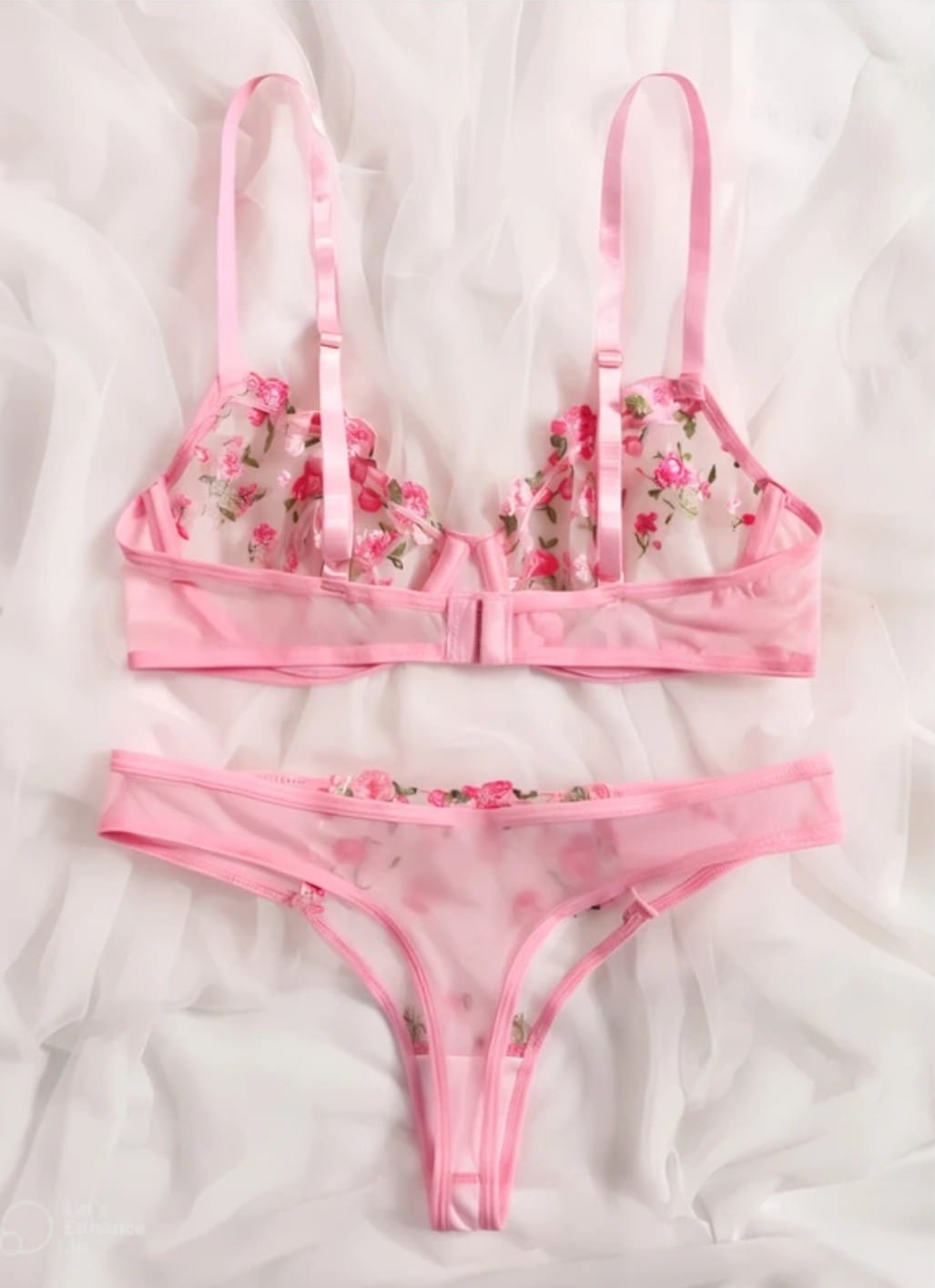 Pink Floral Embroidered Sheer Underwire Lingerie Set