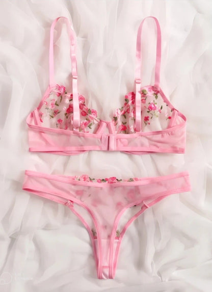 Pink Floral Embroidered Sheer Underwire Lingerie Set