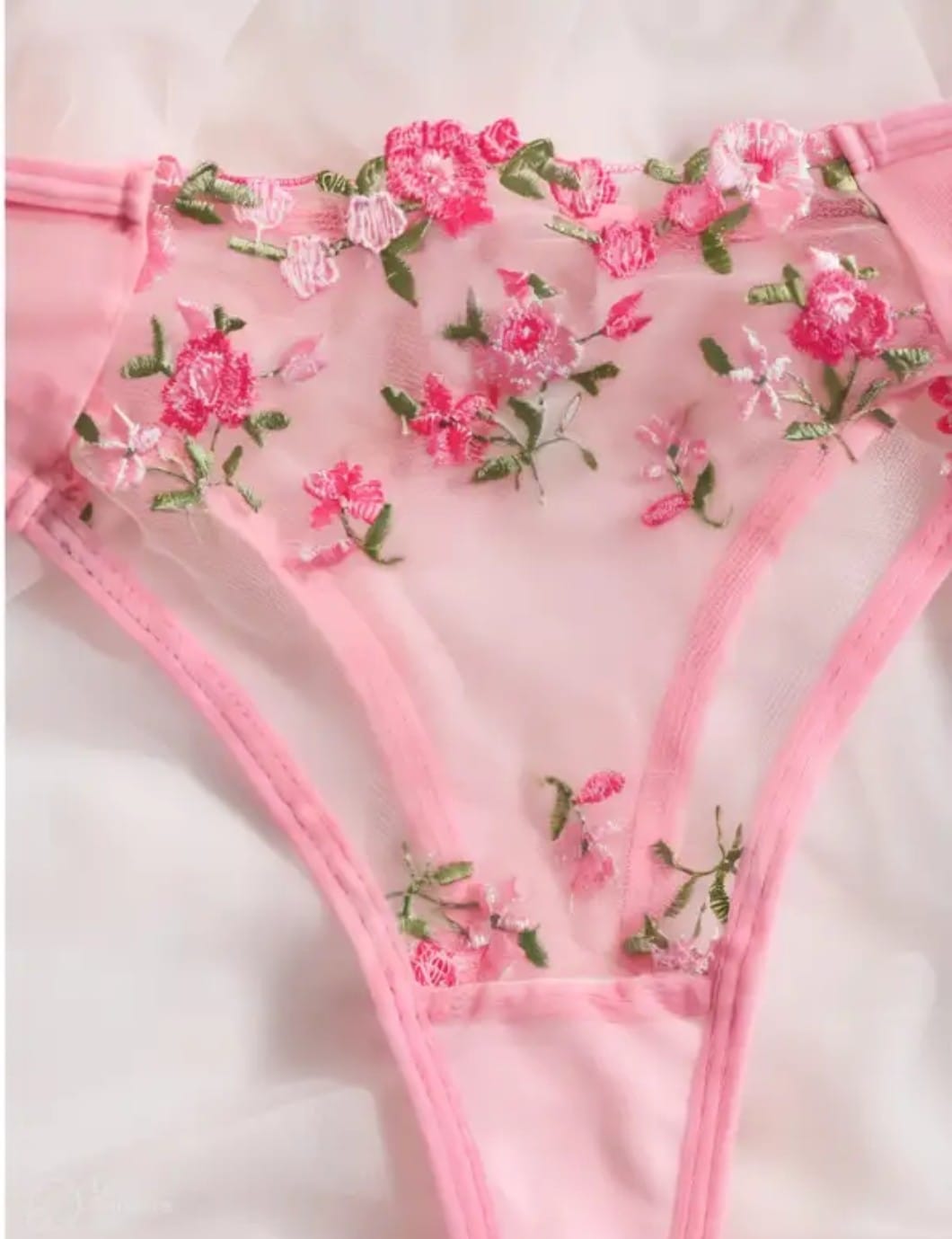 Pink Floral Embroidered Sheer Underwire Lingerie Set