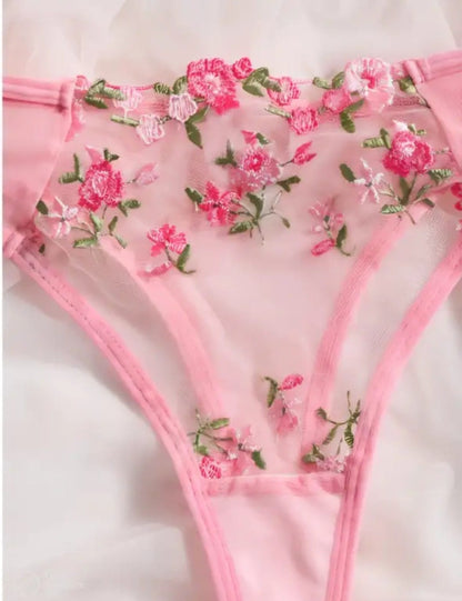 Pink Floral Embroidered Sheer Underwire Lingerie Set