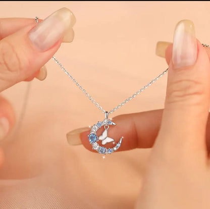 Elegant Moon Butterfly Crystal Pendant Necklace