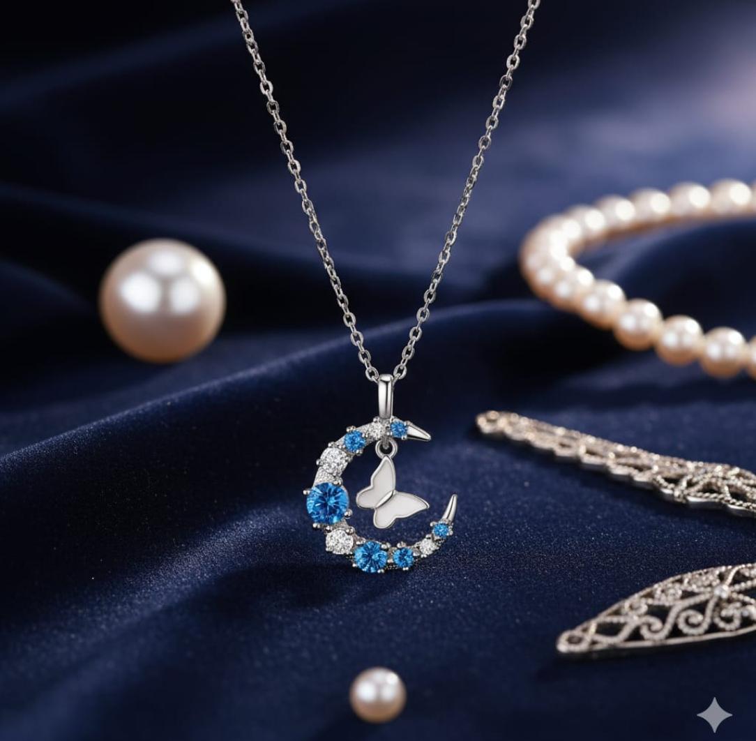 Elegant Moon Butterfly Crystal Pendant Necklace