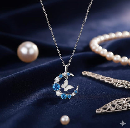 Elegant Moon Butterfly Crystal Pendant Necklace