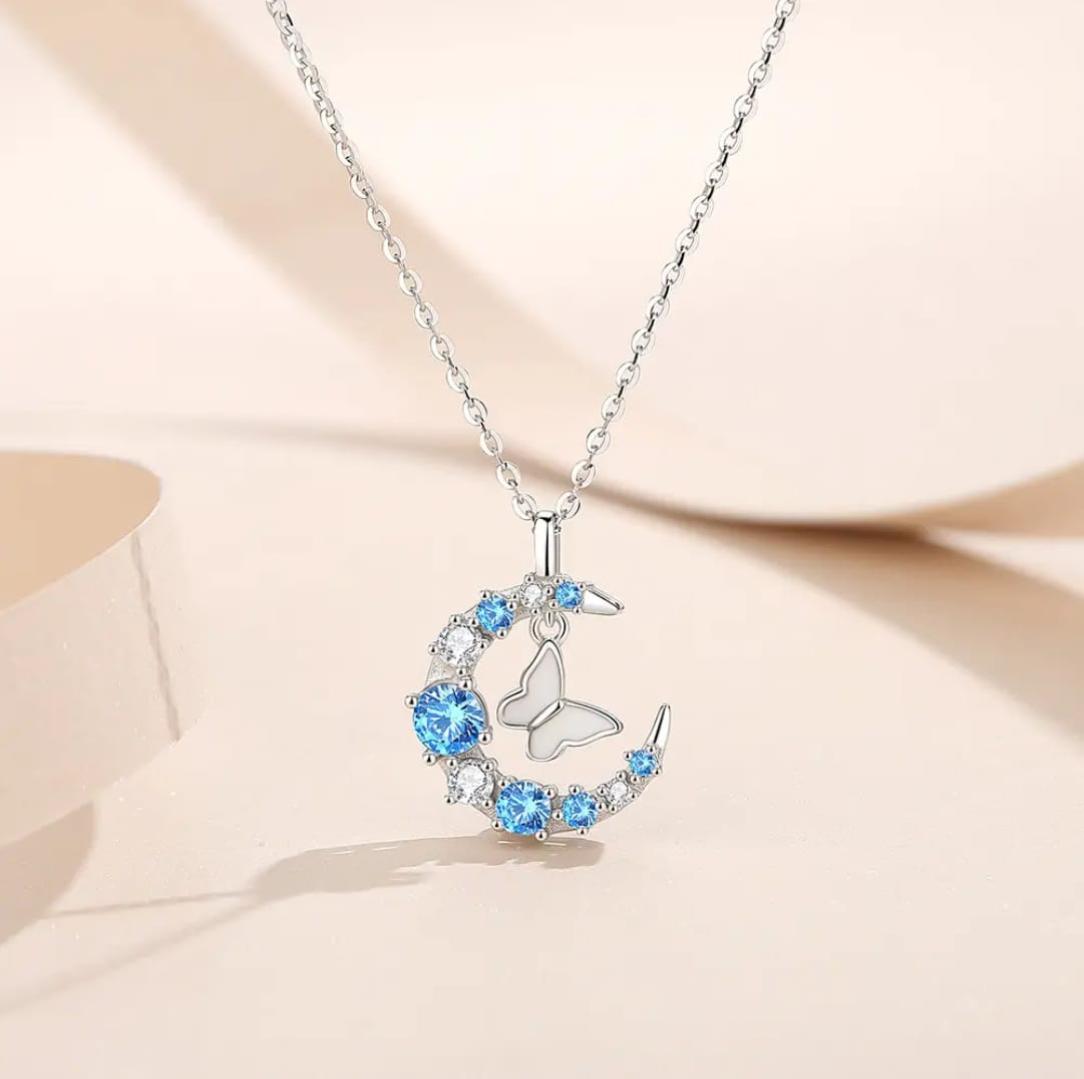 Elegant Moon Butterfly Crystal Pendant Necklace