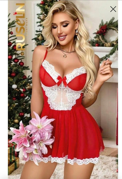 Red Lace Trim Babydoll Lingerie Dress with Sheer Mesh Panel