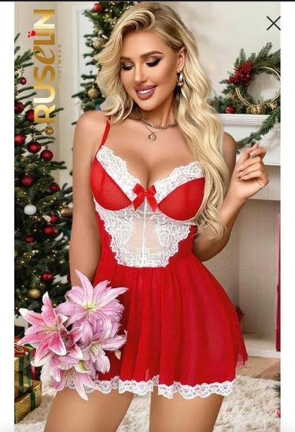 Red Lace Trim Babydoll Lingerie Dress with Sheer Mesh Panel