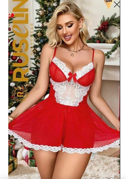 Red Lace Trim Babydoll Lingerie Dress with Sheer Mesh Panel
