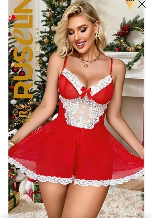 Red Lace Trim Babydoll Lingerie Dress with Sheer Mesh Panel