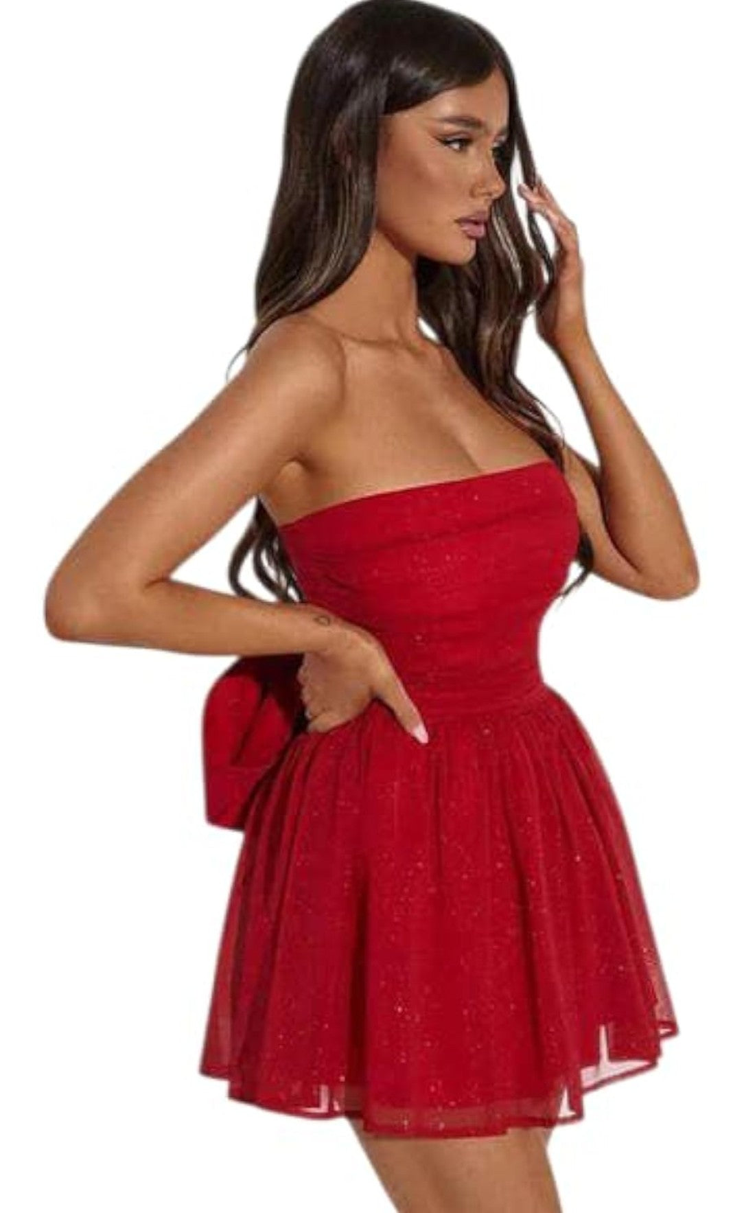 Women’s Red Strapless Glitter Flared Mini Party Dress | Women’s Red Strapless Glitter Skater Mini Party Dress