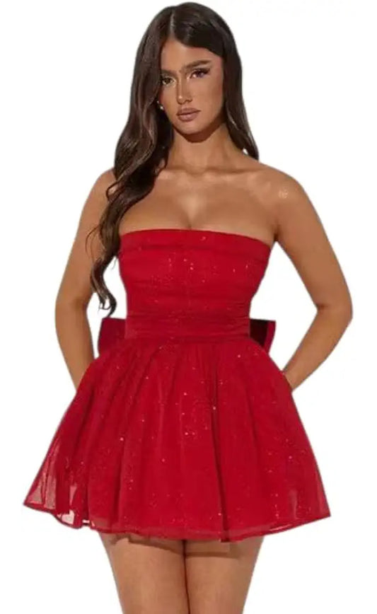 Women’s Red Strapless Glitter Flared Mini Party Dress | Women’s Red Strapless Glitter Skater Mini Party Dress