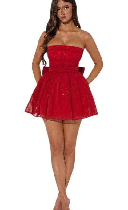 Women’s Red Strapless Glitter Flared Mini Party Dress | Women’s Red Strapless Glitter Skater Mini Party Dress