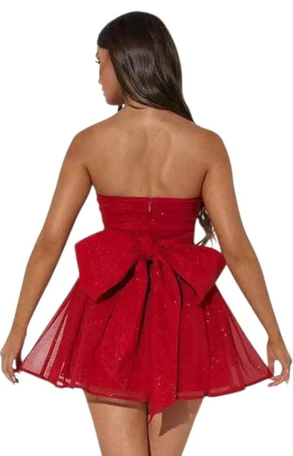 Women’s Red Strapless Glitter Flared Mini Party Dress | Women’s Red Strapless Glitter Skater Mini Party Dress