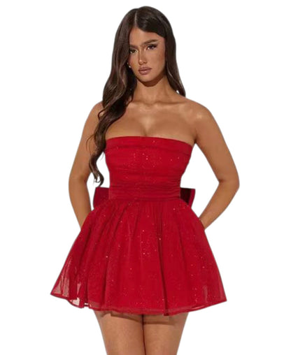 Women’s Red Strapless Glitter Flared Mini Party Dress | Women’s Red Strapless Glitter Skater Mini Party Dress