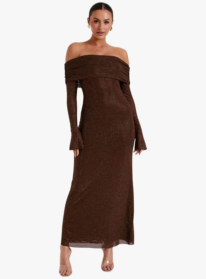 Elegant Coffee Brown Off-Shoulder Maxi Party Dress