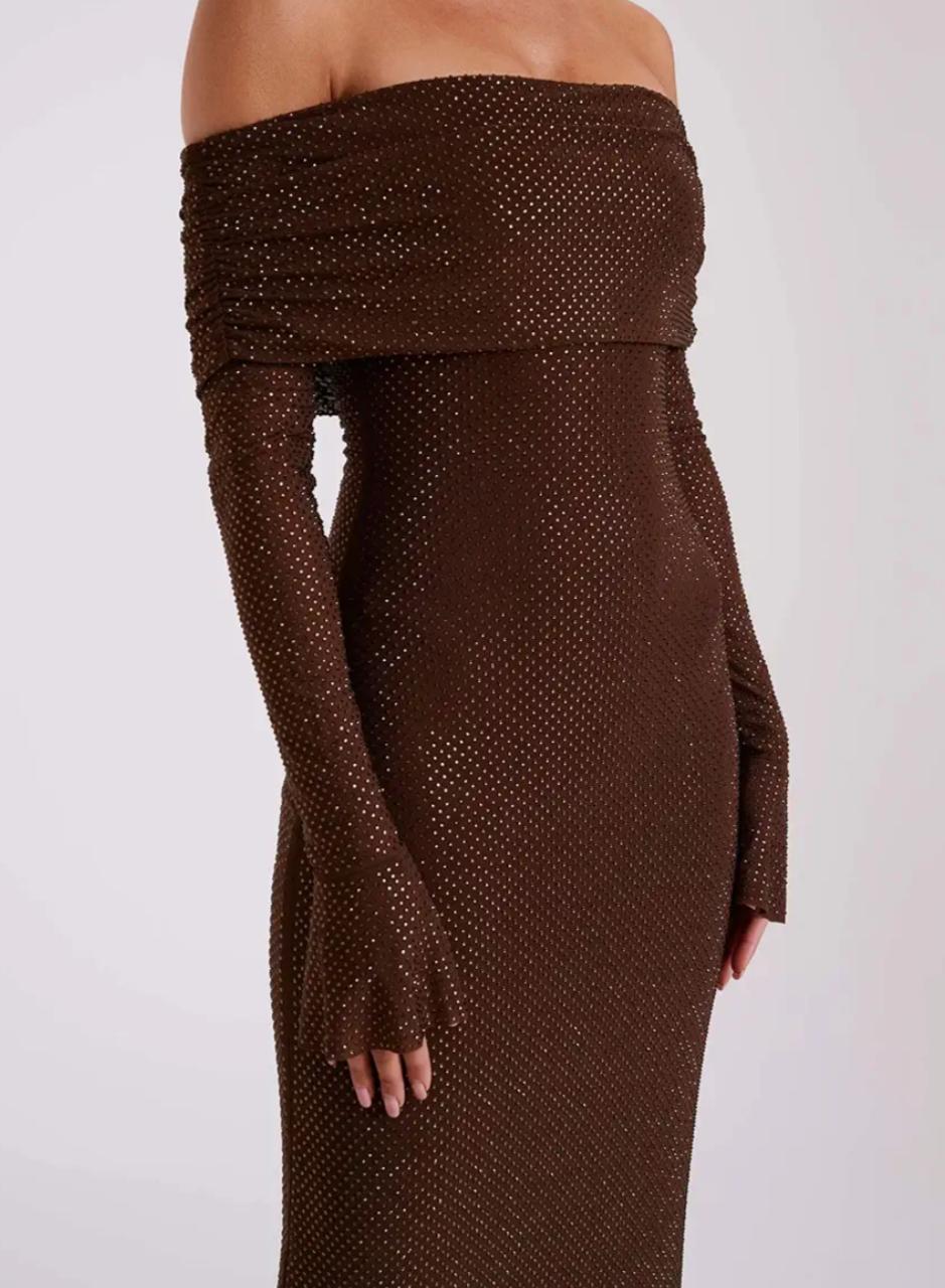 Elegant Coffee Brown Off-Shoulder Maxi Party Dress