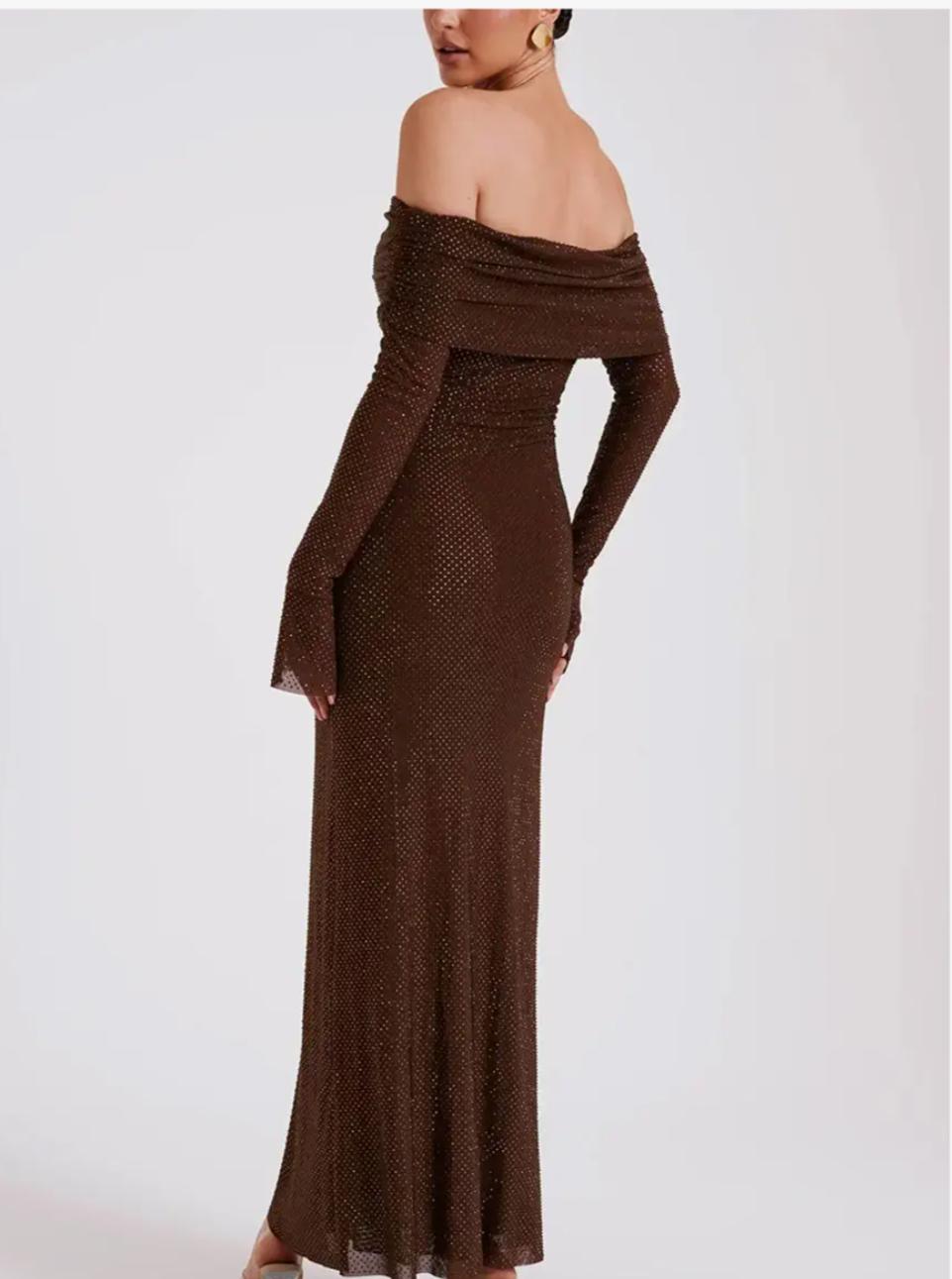 Elegant Coffee Brown Off-Shoulder Maxi Party Dress
