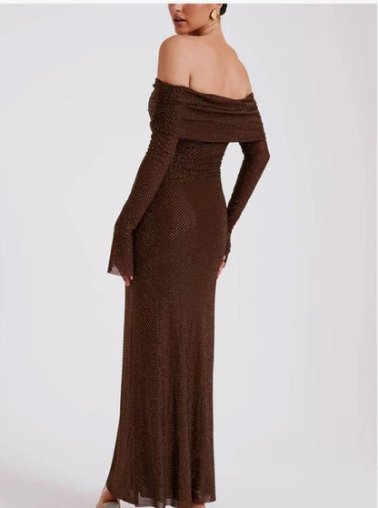 Elegant Coffee Brown Off-Shoulder Maxi Party Dress