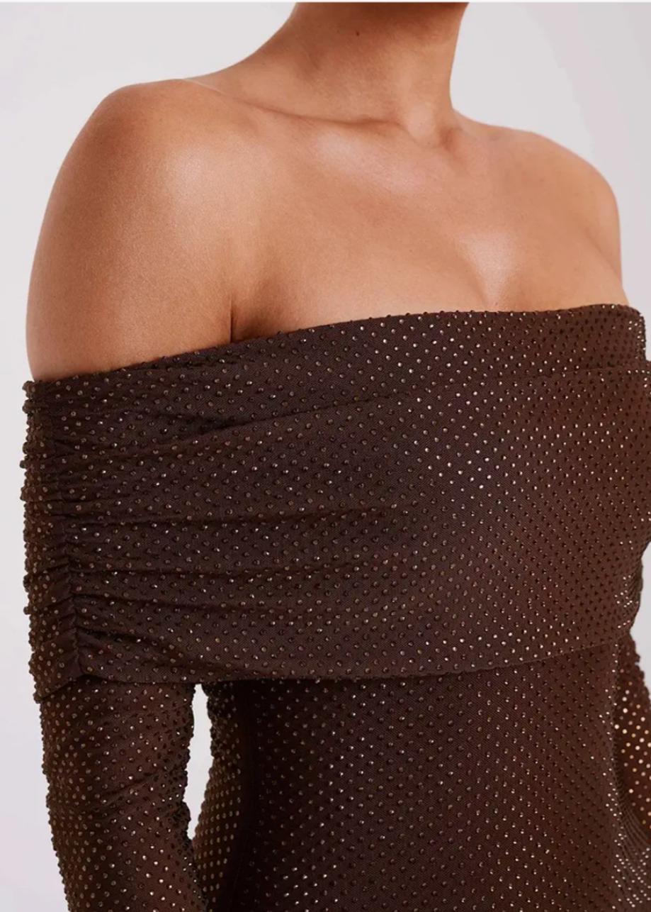 Elegant Coffee Brown Off-Shoulder Maxi Party Dress