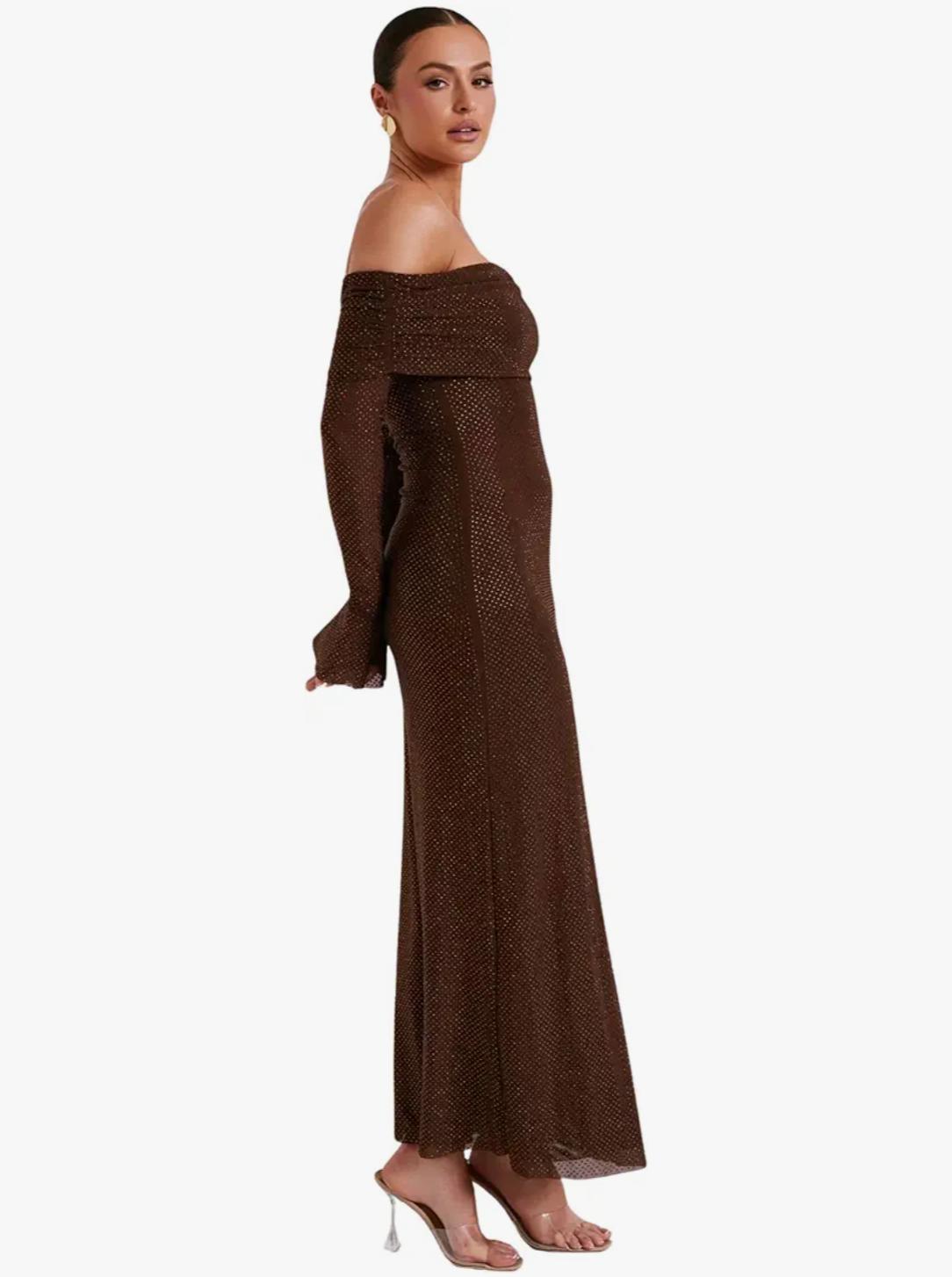 Elegant Coffee Brown Off-Shoulder Maxi Party Dress