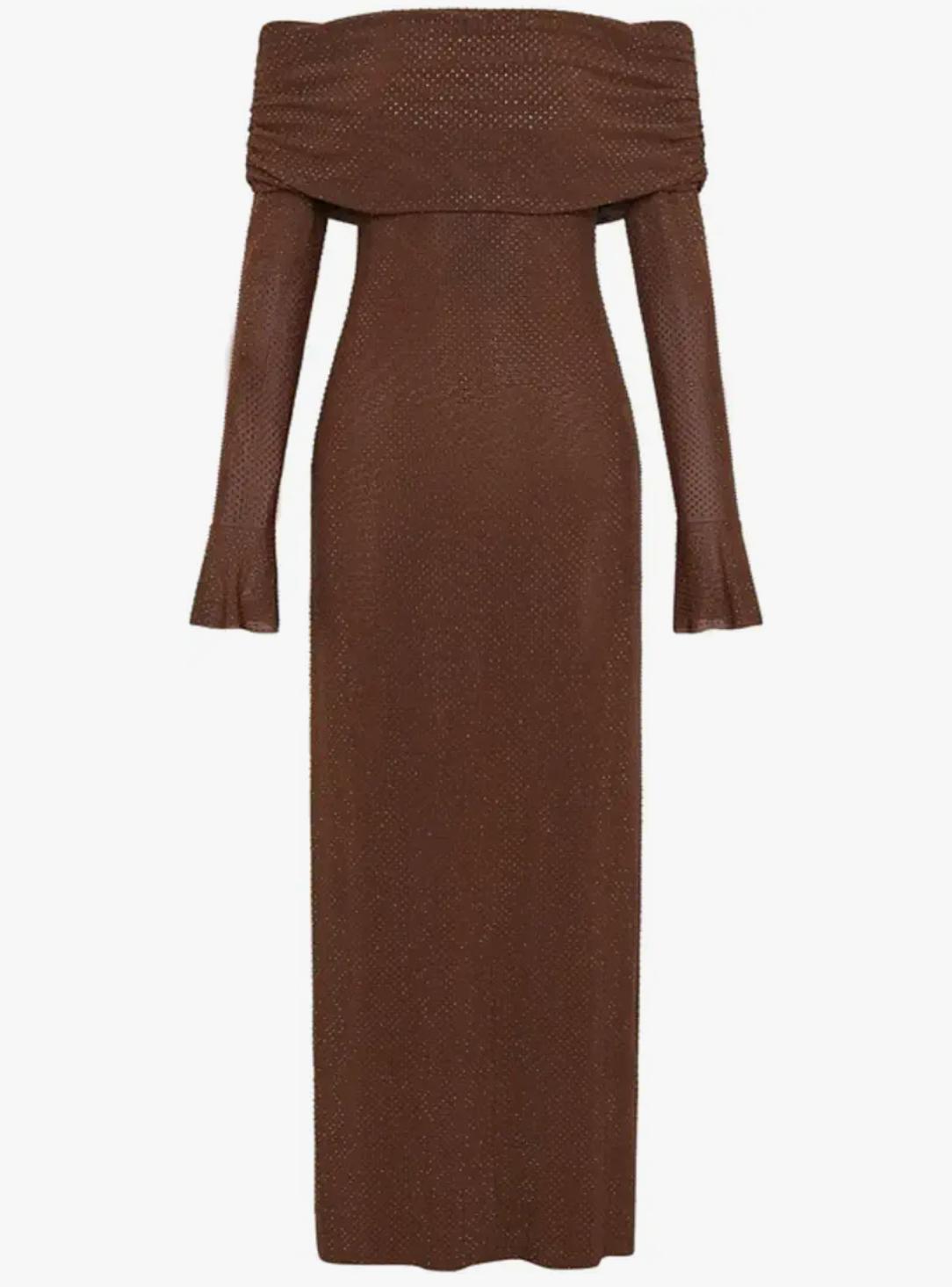 Elegant Coffee Brown Off-Shoulder Maxi Party Dress