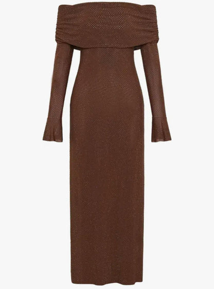 Elegant Coffee Brown Off-Shoulder Maxi Party Dress