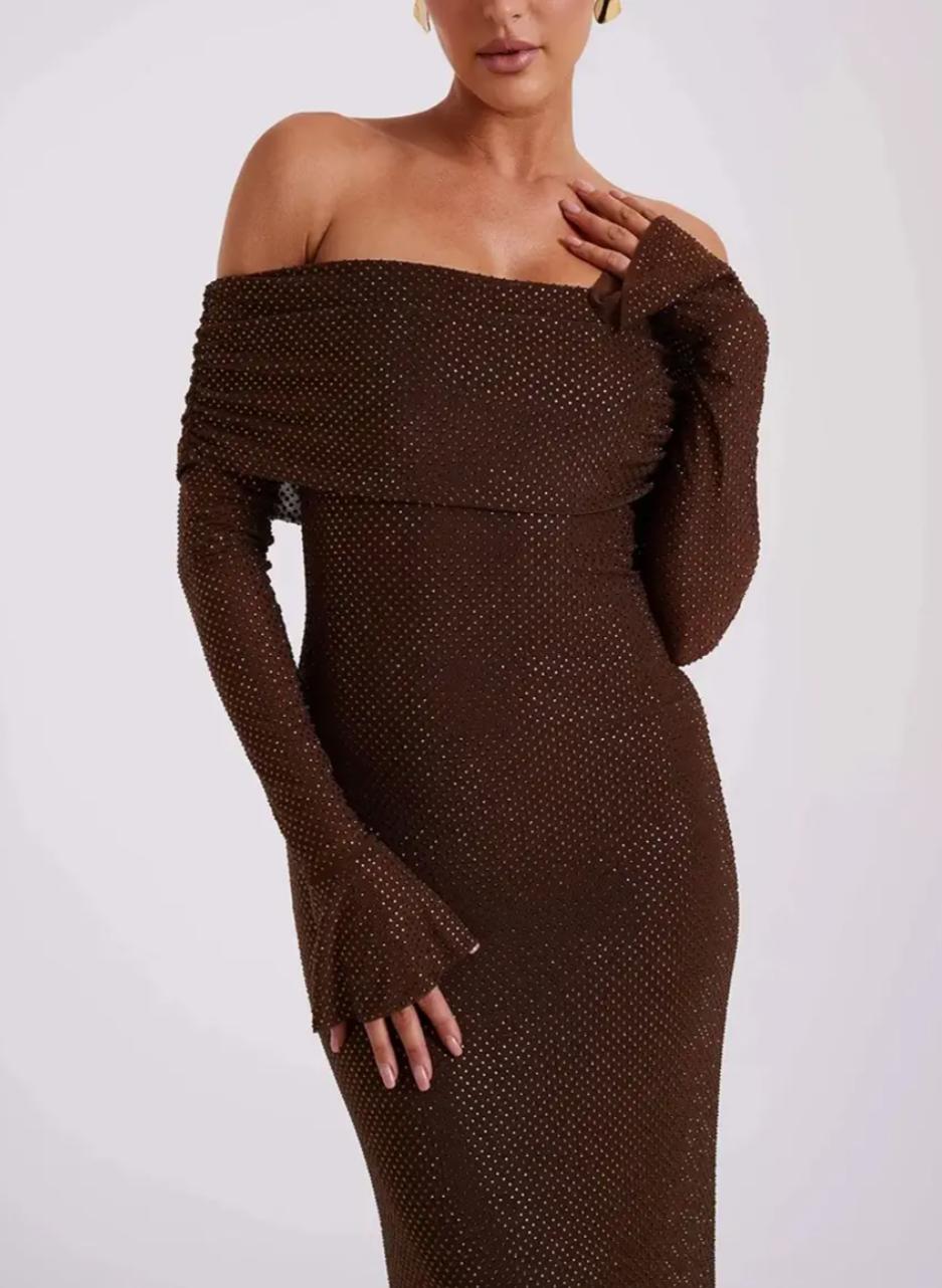 Elegant Coffee Brown Off-Shoulder Maxi Party Dress