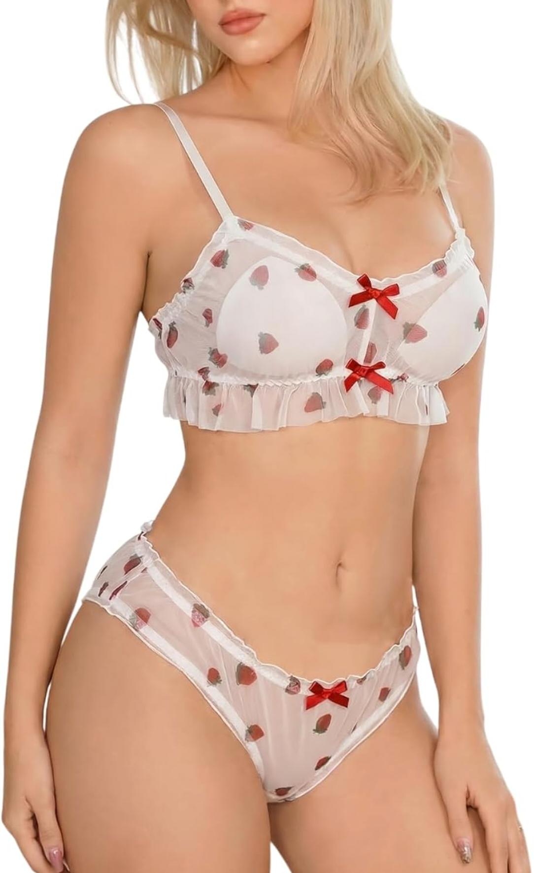 Romantic Rose Print Frill Lingerie Set for Women