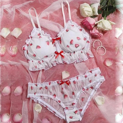 Romantic Rose Print Frill Lingerie Set for Women