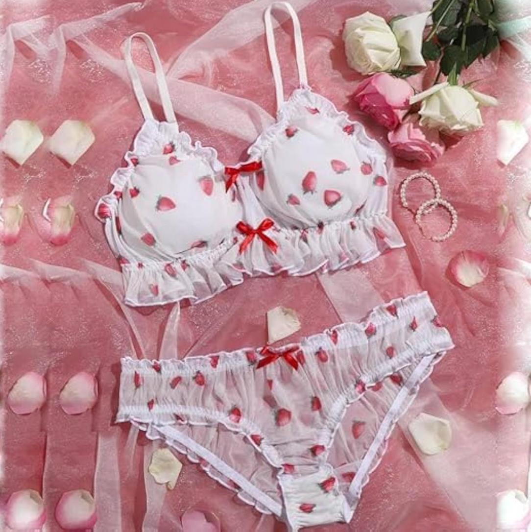 Romantic Rose Print Frill Lingerie Set for Women