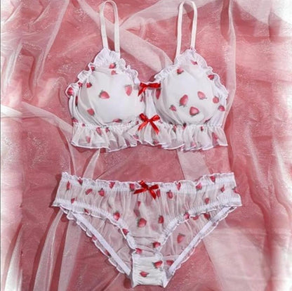 Romantic Rose Print Frill Lingerie Set for Women