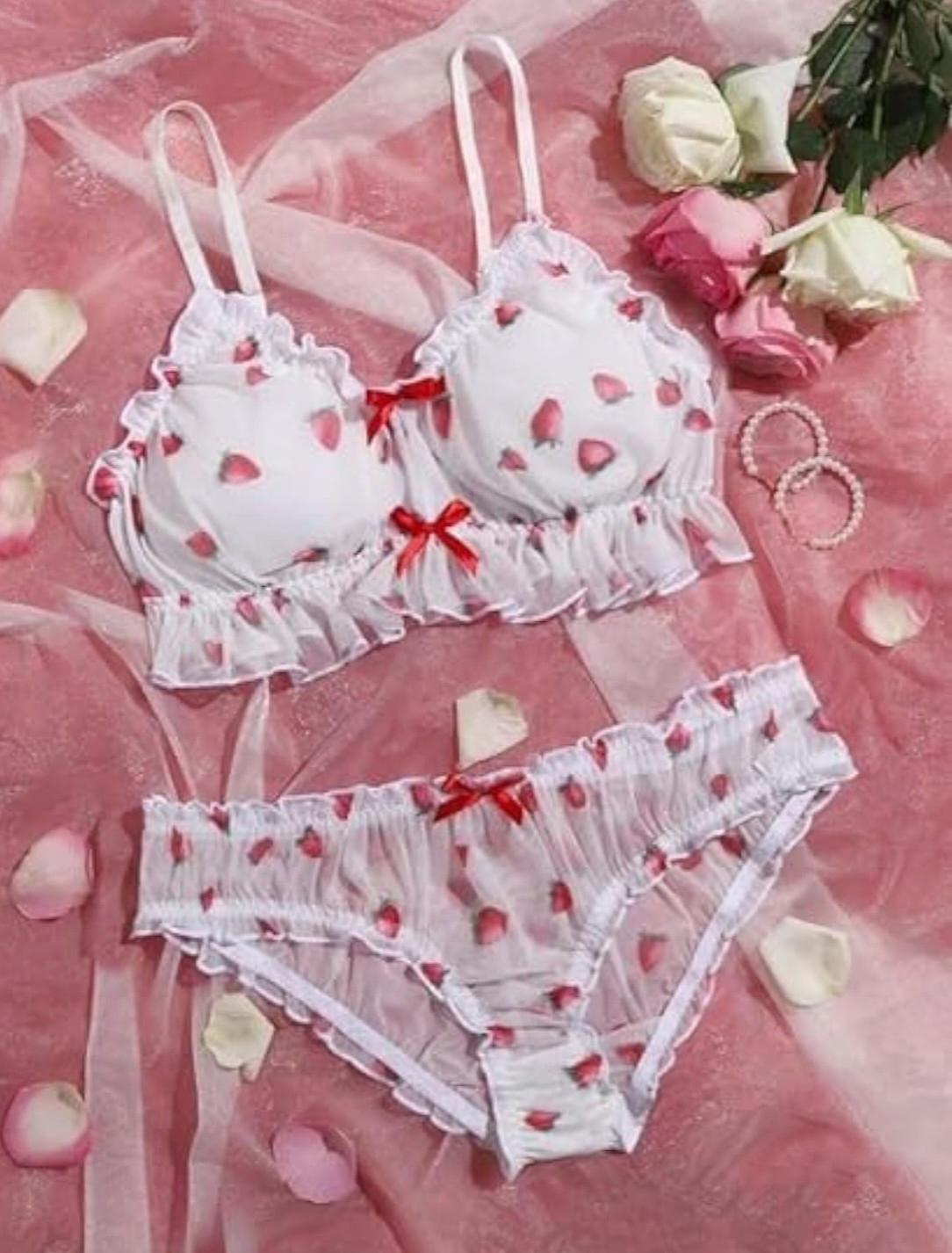 Romantic Rose Print Frill Lingerie Set for Women