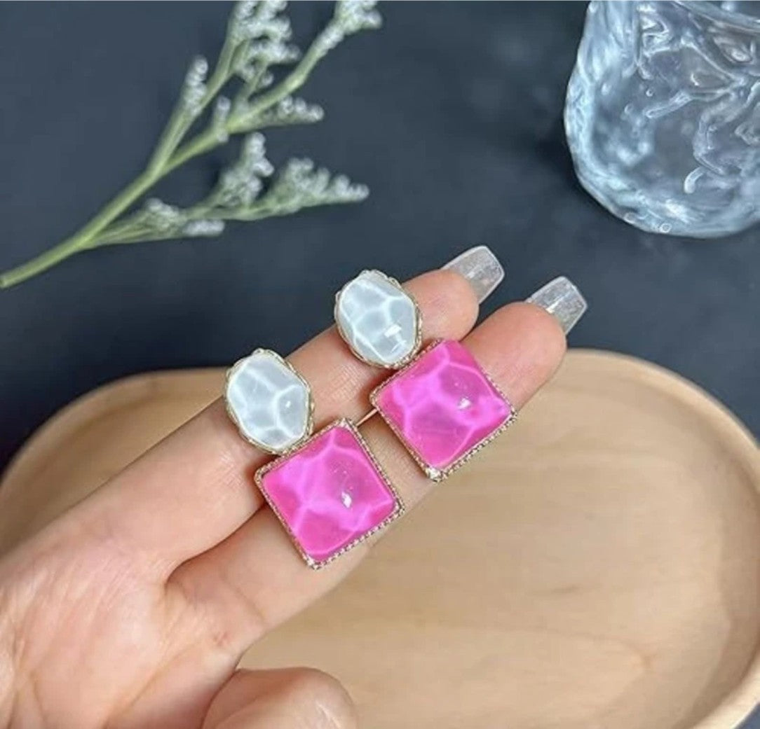 Women Pink Geometric Drop Earrings with Gold Finish Statement Jewellery